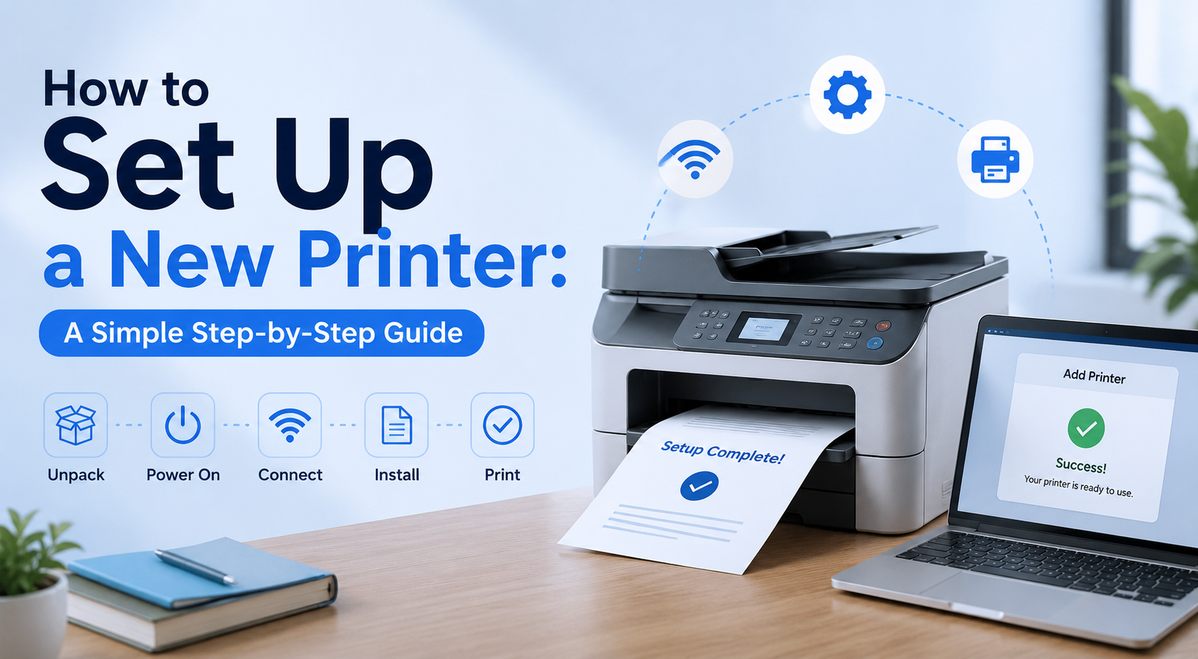 Person setting up a new printer in an office